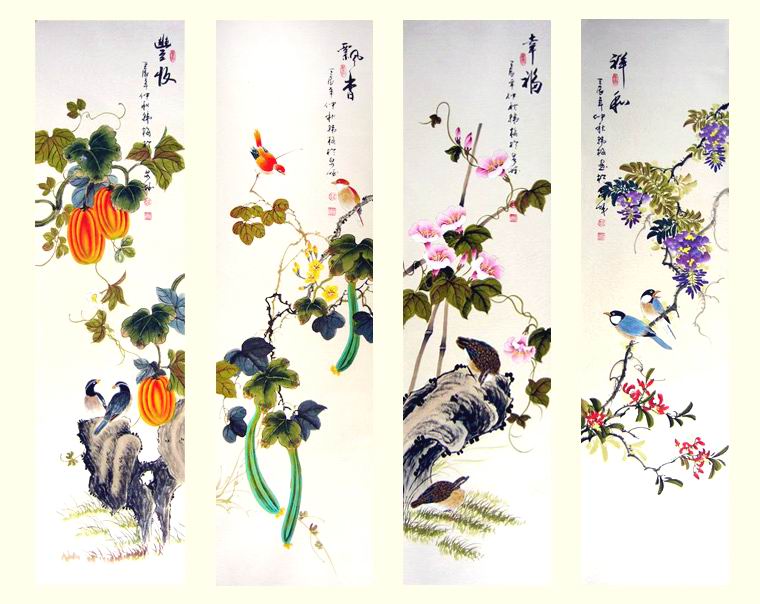 工筆花鳥畫四條屏