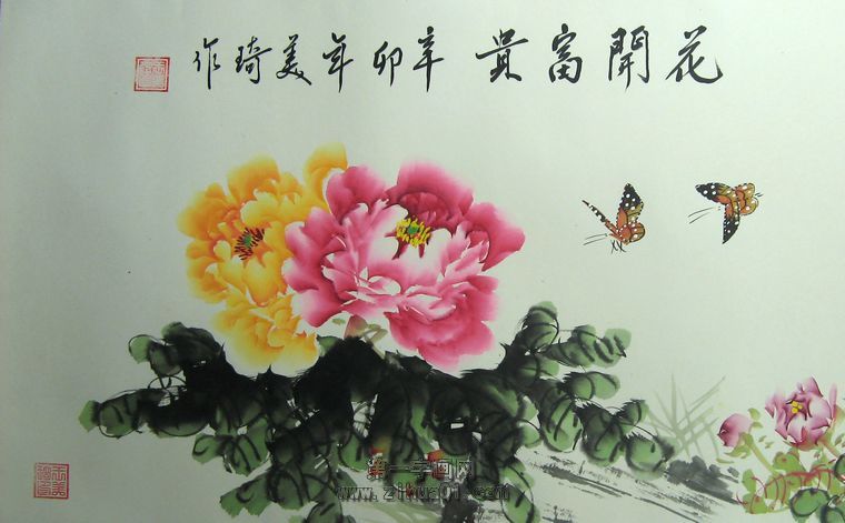 六尺對開富貴牡丹畫