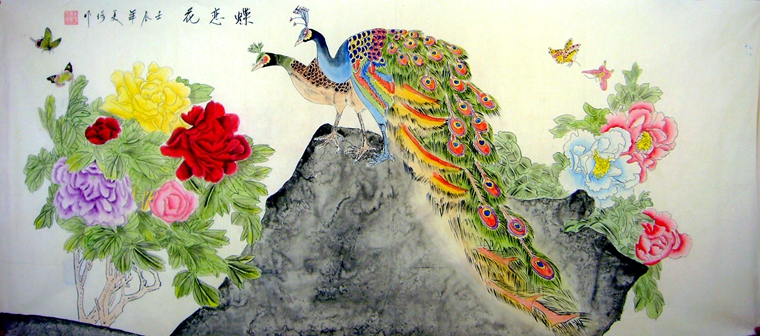 國畫孔雀牡丹