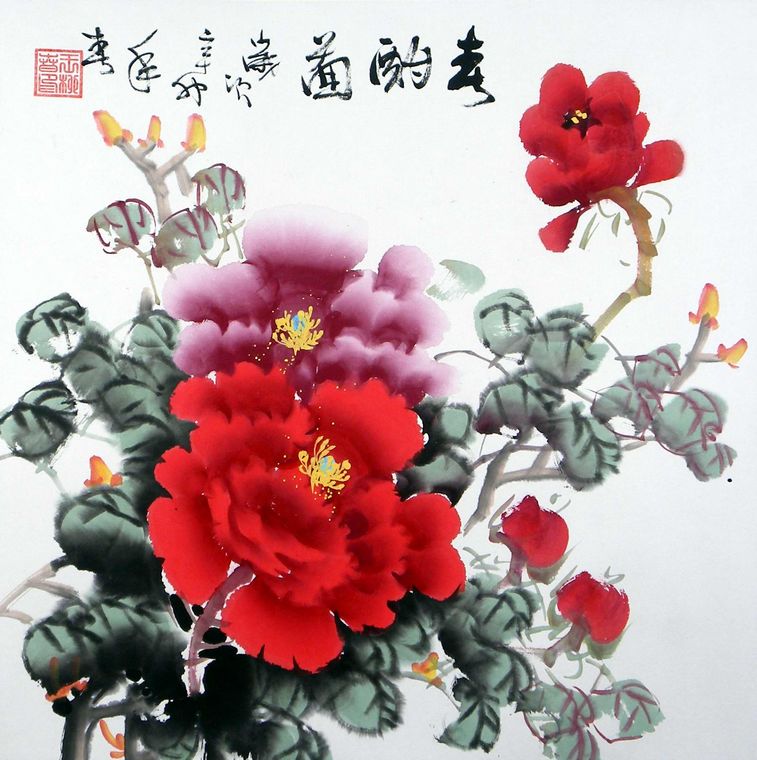 三尺斗方牡丹畫