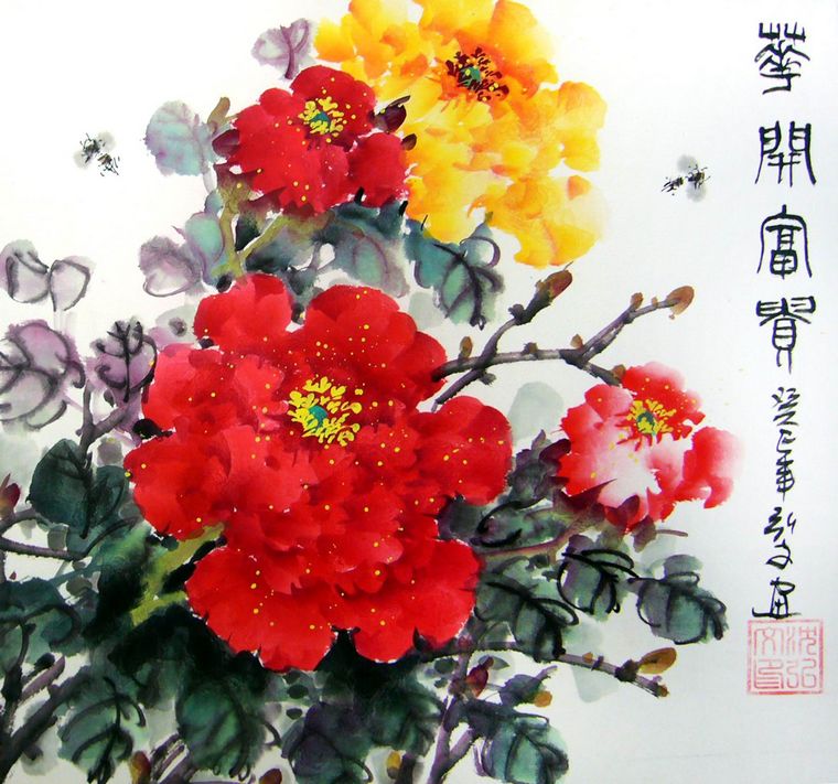 小斗方水墨畫牡丹