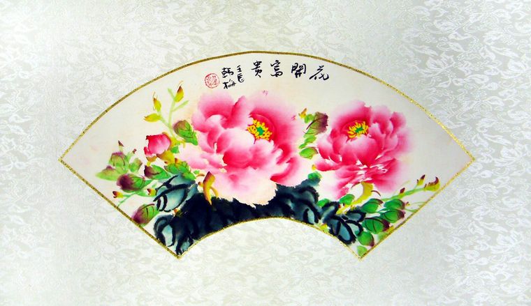 扇形寫意牡丹