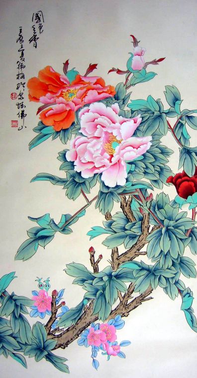 豎幅工筆畫牡丹