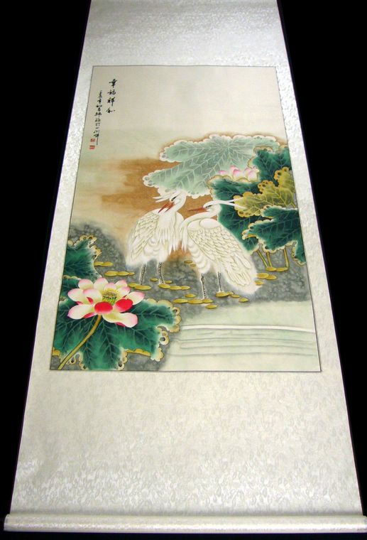 國畫荷塘白鷺