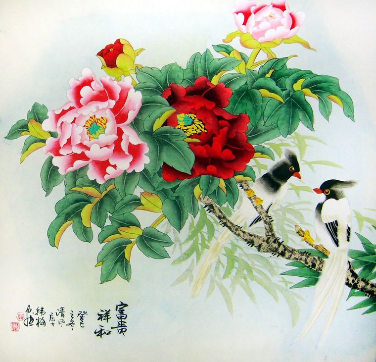 斗方工筆畫牡丹