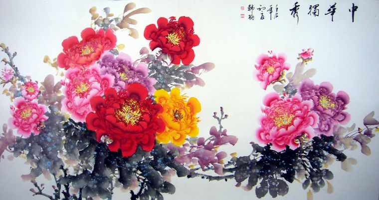 六尺橫幅牡丹圖