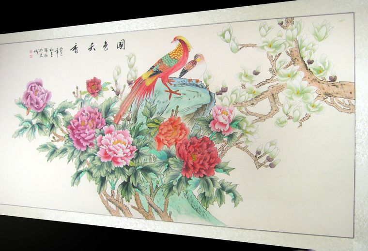 六尺工筆花鳥牡丹