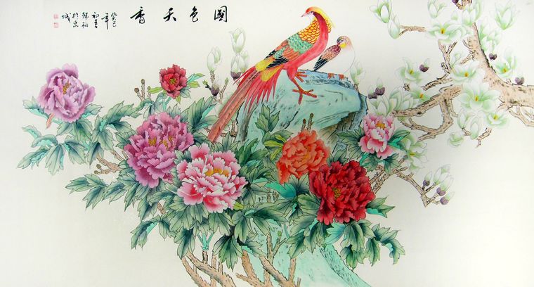 六尺工筆花鳥牡丹