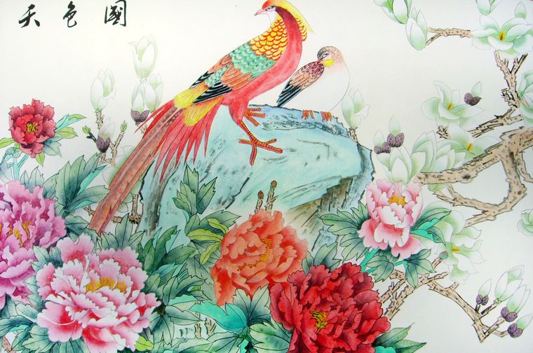 六尺工筆花鳥牡丹