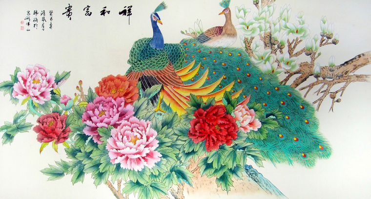 六尺工筆畫孔雀牡丹