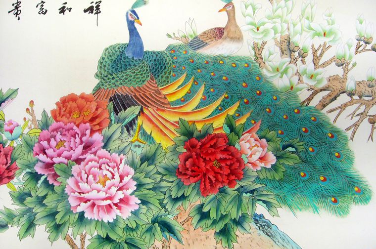 六尺工筆畫孔雀牡丹