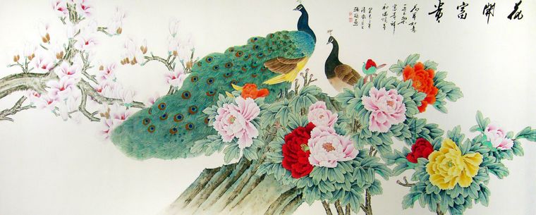 八尺工筆畫孔雀牡丹