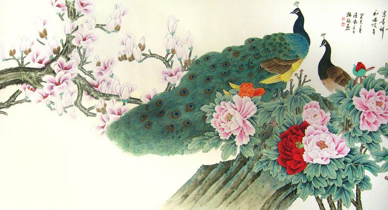 八尺工筆畫孔雀牡丹