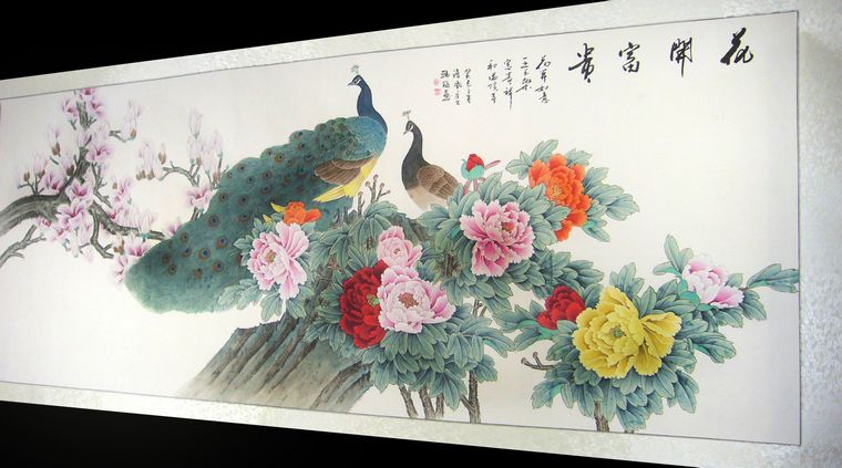 八尺工筆畫孔雀牡丹