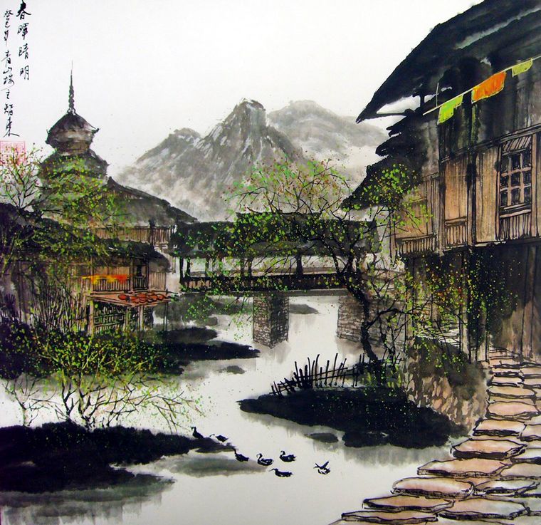 斗方鄉村山水畫