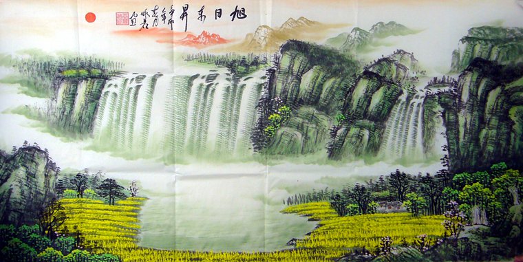四尺橫幅瀑布山水畫