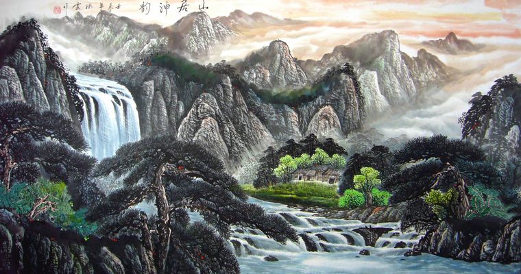 瀑布山水畫
