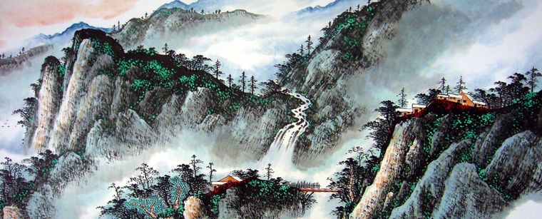 六尺對開國畫山水