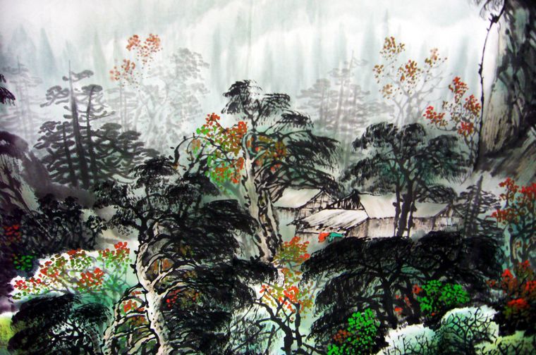 國畫瀑布山水畫