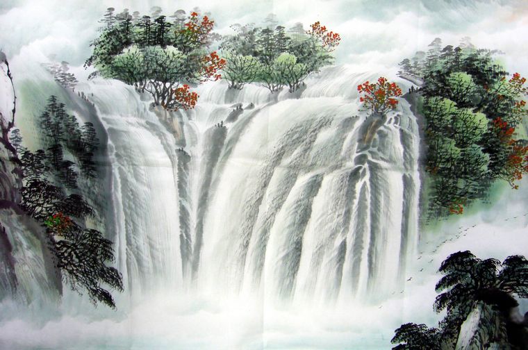國畫瀑布山水畫