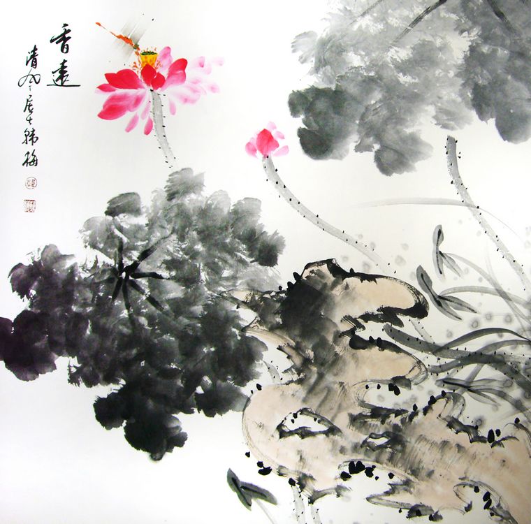 斗方水墨荷花圖