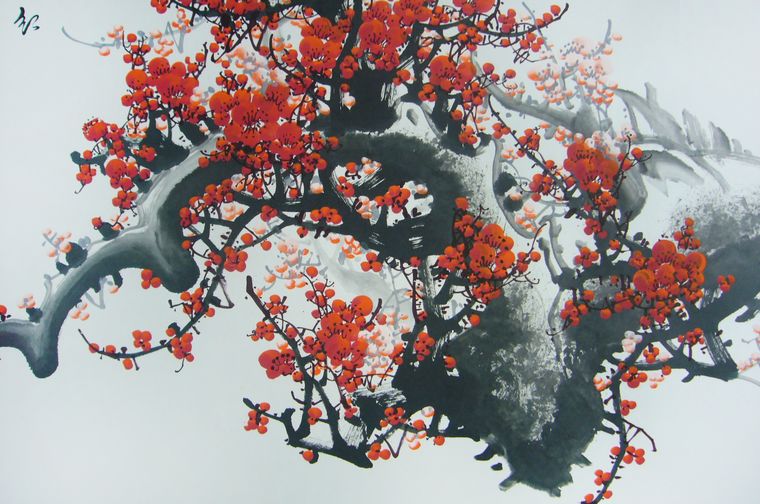 國畫紅梅報春