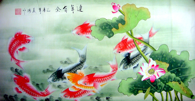 三尺工筆荷花九魚
