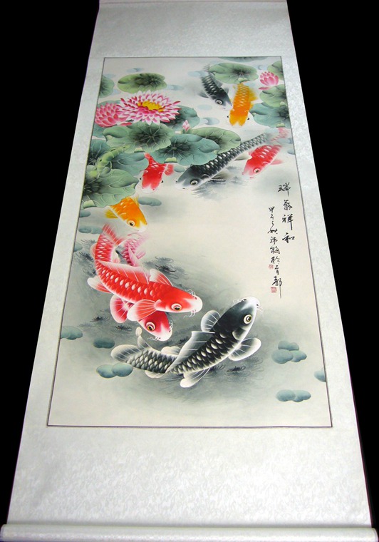 工筆畫荷花九魚