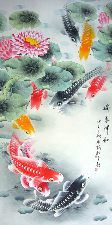 工筆畫荷花九魚
