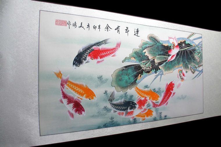 荷花九魚工筆畫