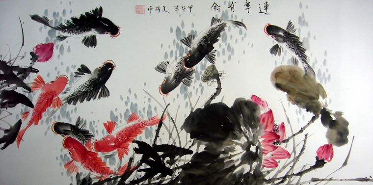 水墨九魚畫