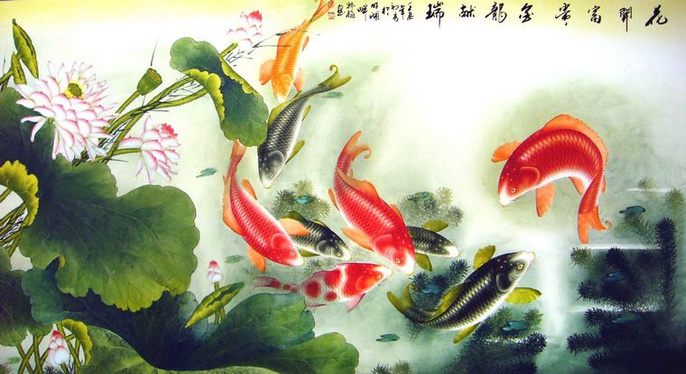 六尺工筆九魚圖