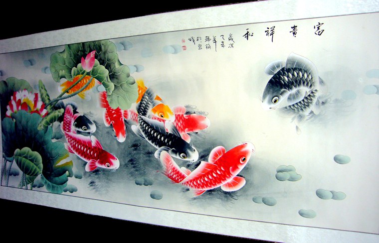 六尺工筆九魚圖