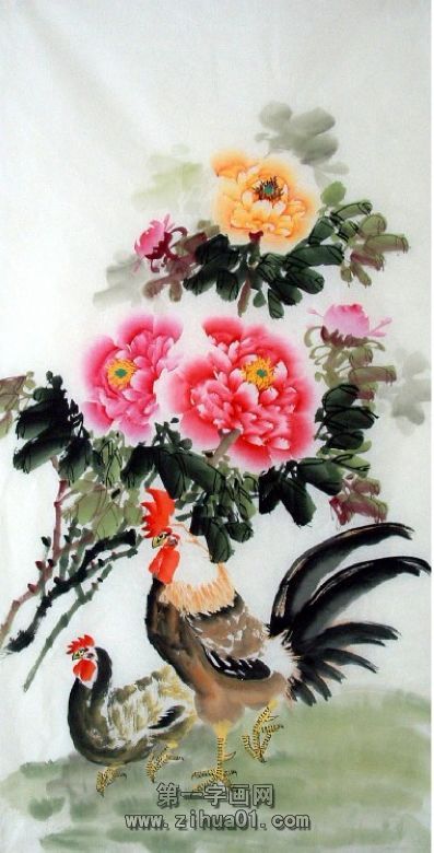 雄雞牡丹圖